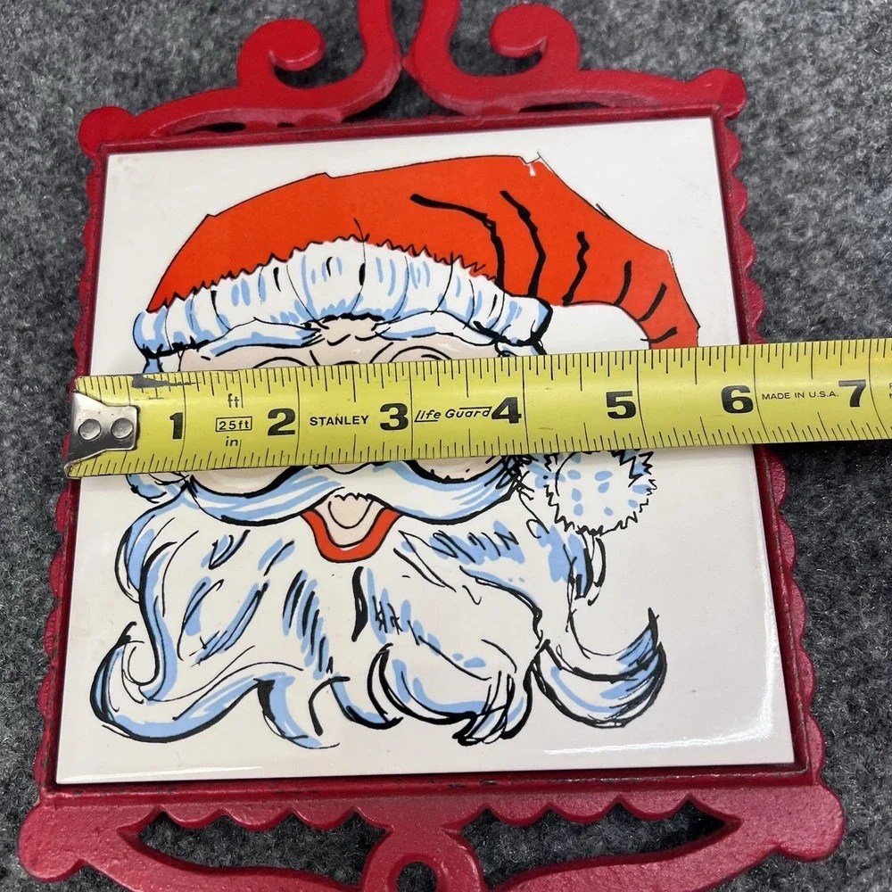 Red Enesco Cast Iron Trivet Santa Claus Winking Ceramic Tile Christmas Decor